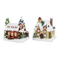 Set van 2x stuks Kerstdorp kersthuisjes huis en kerkje met verlichting 12,5 cm - thumbnail