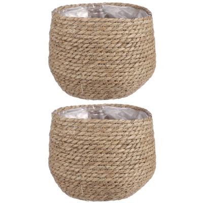 Mica Decorations Bloempot - 2x stuks - rotan - beige - jute - 22 x 19 cm - Met plastic binnenkant