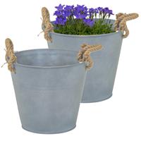 Plantenpot/bloempot emmer Old Rope - 2x - zink - zilver - D25 X H22 cm - thumbnail