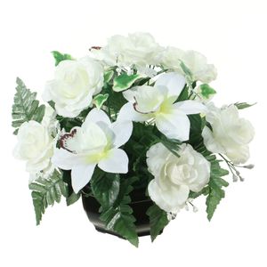 Kunstbloemen plantje orchidee/rozen in pot - kleuren creme/wit - 25 cm - Bloemstuk - Bladgroen