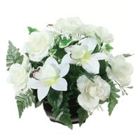 Kunstbloemen plantje orchidee/rozen in pot - kleuren creme/wit - 25 cm - Bloemstuk - Bladgroen   -