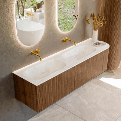 Mondiaz KURVE-DLUX 165 cm Onderkast Greeploos 2 Lades Met Deuren Walnut, Wastafel Solid Surface Links Ostra 0 Kraangaten Zonder Spiegel (KRVSTS165R2L1D0KD-Wal/Ost)