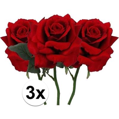 Kunstbloem Roos de luxe - 3x - rood - 30 cm - kunststof steel - decoratie bloemen