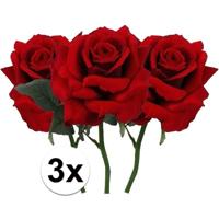 Kunstbloem Roos de luxe - 3x - rood - 30 cm - kunststof steel - decoratie bloemen