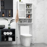 Boven-WC-Kast met Glazen Schuifdeur Industriële Opbergkast met Metalen Frame Verstelbare Planken 63 x 29 x 170 cm Wit
