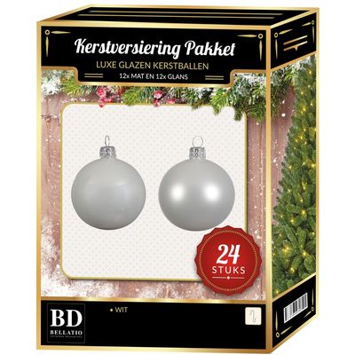 24 Stuks mix glazen Kerstballen pakket winter wit 6 en 8 cm