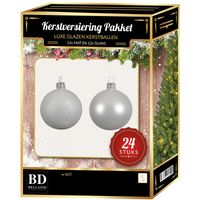 24 Stuks mix glazen Kerstballen pakket winter wit 6 en 8 cm - thumbnail