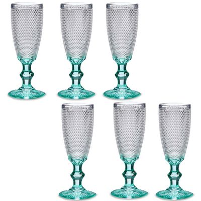 Luxe Monaco serie Champagneglazen set 12x stuks op turquoise blauwe voet 180 ml