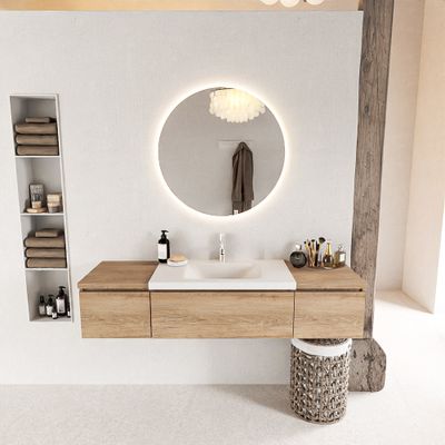 MONDIAZ BUKLA 160cm badmeubel met module 40 kleur Washed Oak met 3 lades. Wastafel CLOUD midden 1 kraangat kleur Talc.