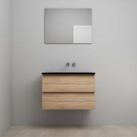 On-Line Badkamermeubelset - 80 cm - Voorgemonteerd - Ladestructuur - Acryl Wastafel - zonder Kraangat - Spiegel - Eiken