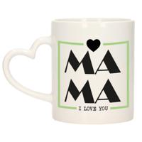Cadeau koffie/thee mok voor mama - wit/groen - ik hou van jou - hartjes oor - Moederdag   - - thumbnail
