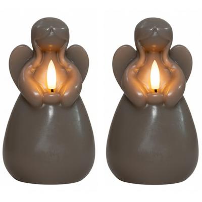 Anna's Collection LED kaars engel - 2x - taupe - 14 x 8 cm - met timer - op batterijen - kerst