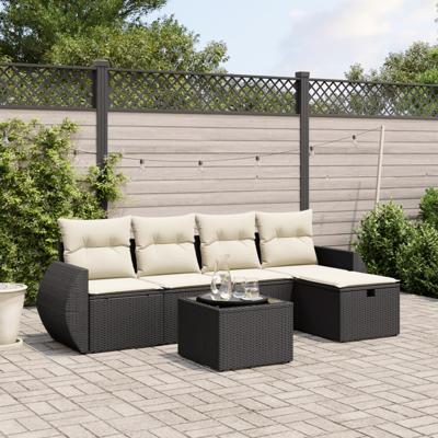 6-delige Loungeset met kussens poly rattan zwart