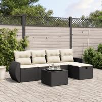 6-delige Loungeset met kussens poly rattan zwart