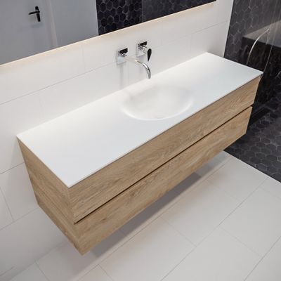 Mondiaz Vica Moon badmeubel eiken licht 150 cm 2 lades solid surface enkele spoelbak midden zonder kraangat