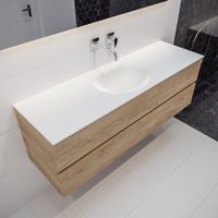 Mondiaz Vica Moon badmeubel eiken licht 150 cm 2 lades solid surface enkele spoelbak midden zonder kraangat