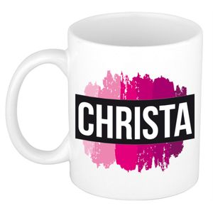 Naam cadeau mok / beker Christa met roze verfstrepen 300 ml