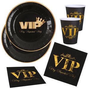 VIP thema feest wegwerp servies set - 20x bordjes / 20x bekers / 20x servetten - zwart/goud