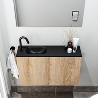 Zaro Polly toiletmeubel 80cm eiken met zwarte wastafel met kraangat links - thumbnail