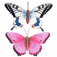 Set van 2x stuks tuindecoratie muur/wand vlinders van metaal in blauw en roze tinten 48 x 30 cm - Tuinbeelden - thumbnail