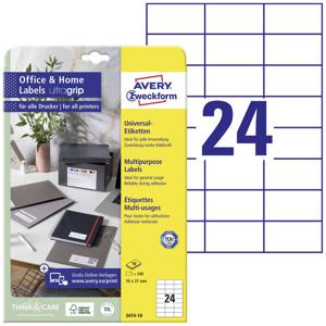 Avery-Zweckform 3474-10 Universele etiketten 70 x 37 mm Papier Wit 240 stuk(s) Permanent hechtend Inkjet, Laser (zwart/wit), Laser (kleur), Kopiëren