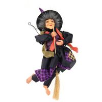 Creation decoratie heksen pop - vliegend op bezem - 30 cm - zwart/paars - Halloween versiering   - - thumbnail
