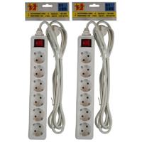 Benson stekkerdoos - 2x stuks - 6-voudig - wit - 3 meter - randaarde - schakelaar - verlengsnoer