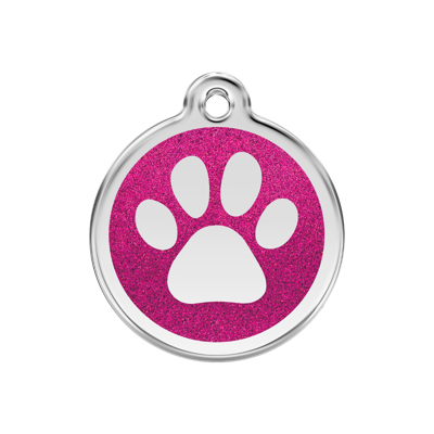 Paw Print Hot Pink glitter hondenpenning medium/gemiddeld dia. 3 cm - Reddingo