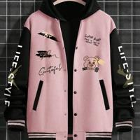Bon&Bon Men's Cartoon Bear Print Bomber Jacket | Black Casual Coat Multicolor-7 / L