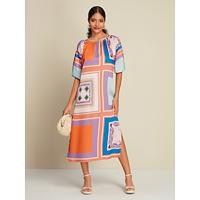 Satijnen midi-jurk met geometrische regenboogmouwen en 3/4-mouwen