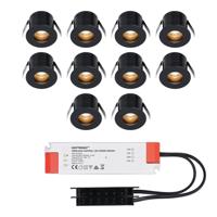 Set van 10 Olivia LED Mini Inbouwspots met Trafo - 12 Volt 3 Watt 150 lumen - Verzonken - Plat 36mm - 2700K - IP44 waterdicht - Niet Dimbaar - Zwart