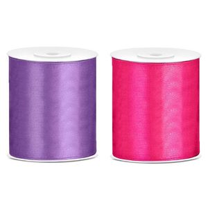 2x rollen hobby decoratie satijnlint paars-fuchsia roze 10 cm x 25 meter - Cadeaulinten