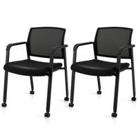 Set van 2 Vergaderstoelen Stapelbare Conferentie Stoel met Gaas Armleuningen en Wielen Ontvangststoel voor Kantoor School Zwart
