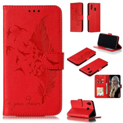 Feather patroon Litchi textuur horizontale Flip lederen draagtas met portemonnee & houder & kaartsleuven voor Galaxy M20 (rood)