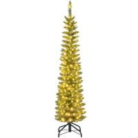 Kunstkerstboom van 150 cm Verlichte Potloodvormige Kerstboom met 296 Takpunten 150 Warmwitte LED-Verlichting en Metalen Standaard