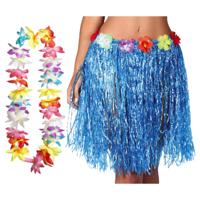 Hawaii verkleed hoela rokje en bloemenkrans met led - volwassenen - blauw - tropisch themafeest - thumbnail