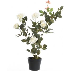 Groene/witte Rosa/rozenstruik kunstplant 80 cm in zwarte pot