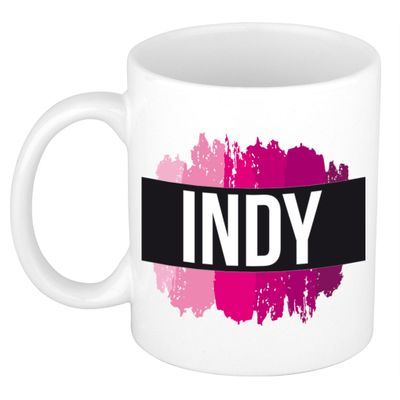 Naam cadeau mok / beker Indy met roze verfstrepen 300 ml
