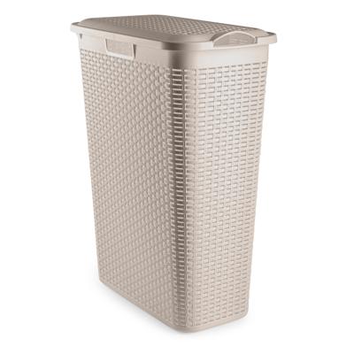 Smalle Wasmand met deksel Rotan - beige - gevlochten kunststof - 48 liter - 27 x 46 x 60 cm