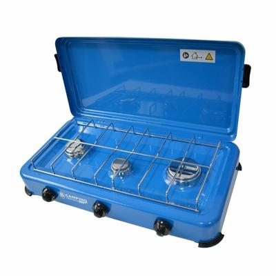 Camping kookpit/kookstel - 3-pits - blauw - metaal - 60 x 40 x 10 cm - voor gasfles