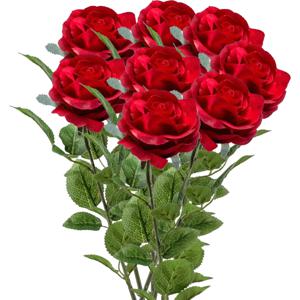 Kunstbloemen boeket roos Marleen - 8x - rood - 63 cm - decoratie bloemen