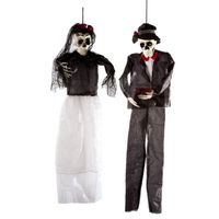 Set van 2x hangende horror decoratie skelet 92 cm Day Of Death dame en heer - Halloween poppen - thumbnail
