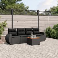5-delige Loungeset met kussens poly rattan zwart
