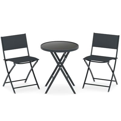 3-delige Opvouwbare Bistroset Tuinset met Ademende Stoffen Zitting en Gehard Glazen Tafelblad Tuinmeubelset