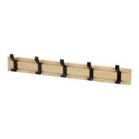 Kapstok rek wand/muur - lichtbruin - 5 grote ophanghaken/10 knoppen - hout/metaal - B50 x H6 cm