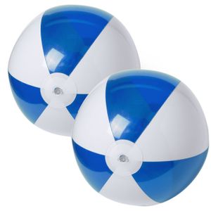 2x stuks opblaasbare strandballen plastic blauw/wit 28 cm