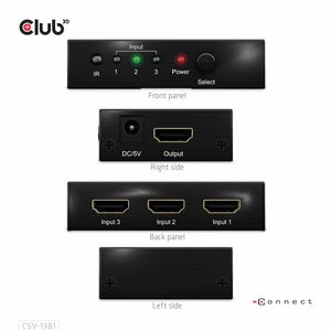 club3D HDMI Switchbox HDMI-switch 3 poorten Met afstandsbediening 7680 x 4320 Pixel