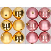 12x stuks kunststof kerstballen mix van goud en oudroze 8 cm - thumbnail