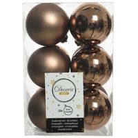 12x stuks kunststof kerstballen walnoot bruin 6 cm glans/mat - thumbnail