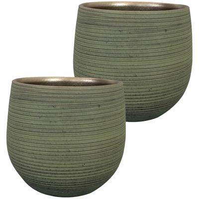 Ter Steege Steege Plantenpot - 2x stuks - keramiek - donkergroen - stripes - D26xH25 cm